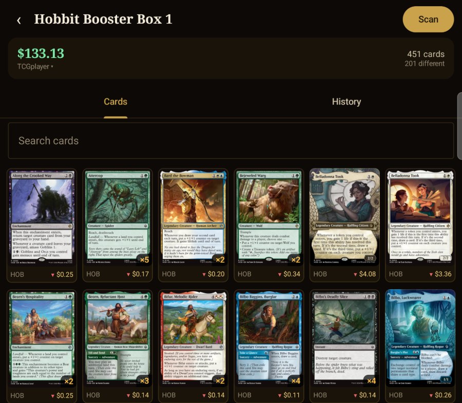 DeckForge collection showing a binder’s value, card quantities and card artwork.
